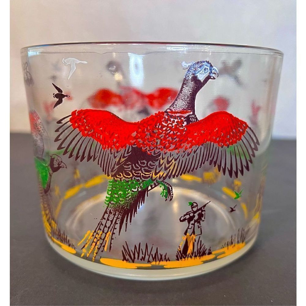 Vintage MCM Hazel Atlas Pheasant Hunters Dogs Ice Snack Bowl Glassware Barware